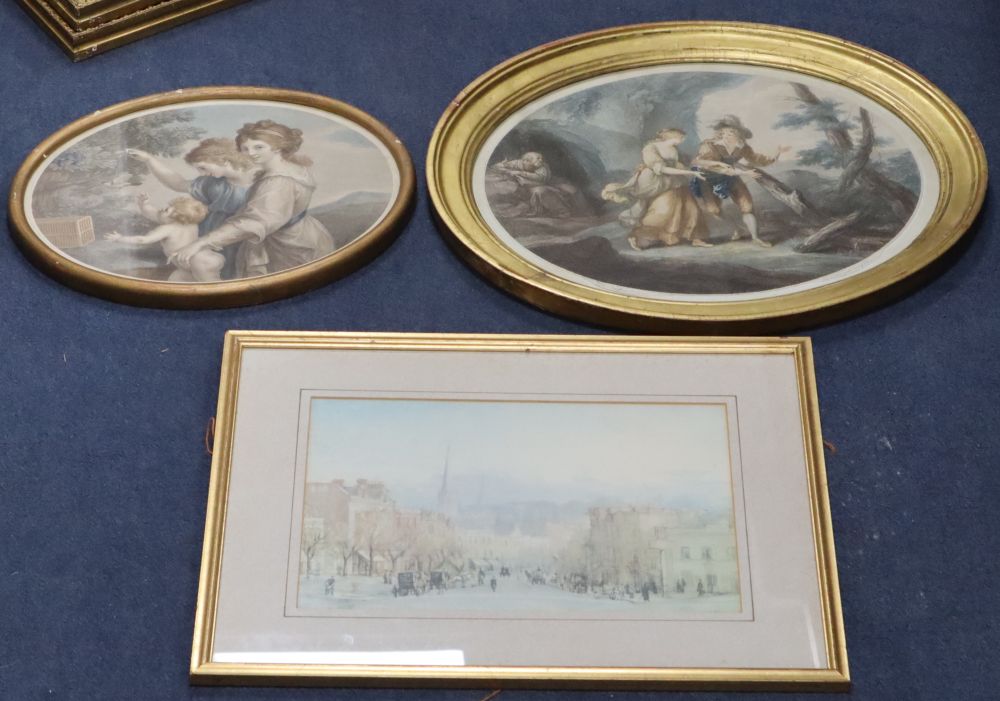 After Morland, pair of mezzotints, Portraits of ladies, ovals, 45 x 38cm, a pair of engravings after Bartolozzi, Florizel & Perdita and